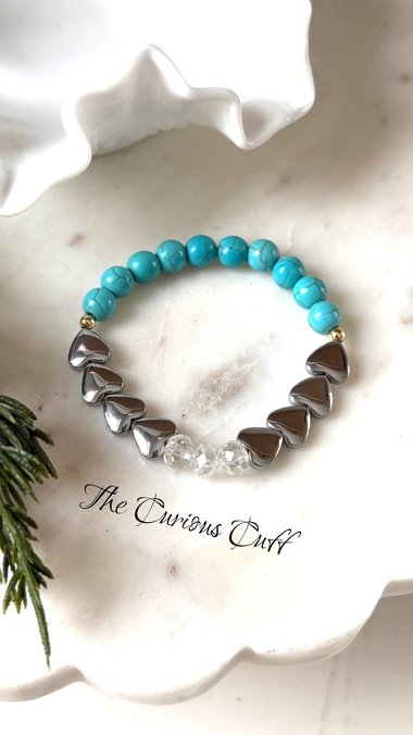 Turquoise & Hematite Heart Stretch Bracelet